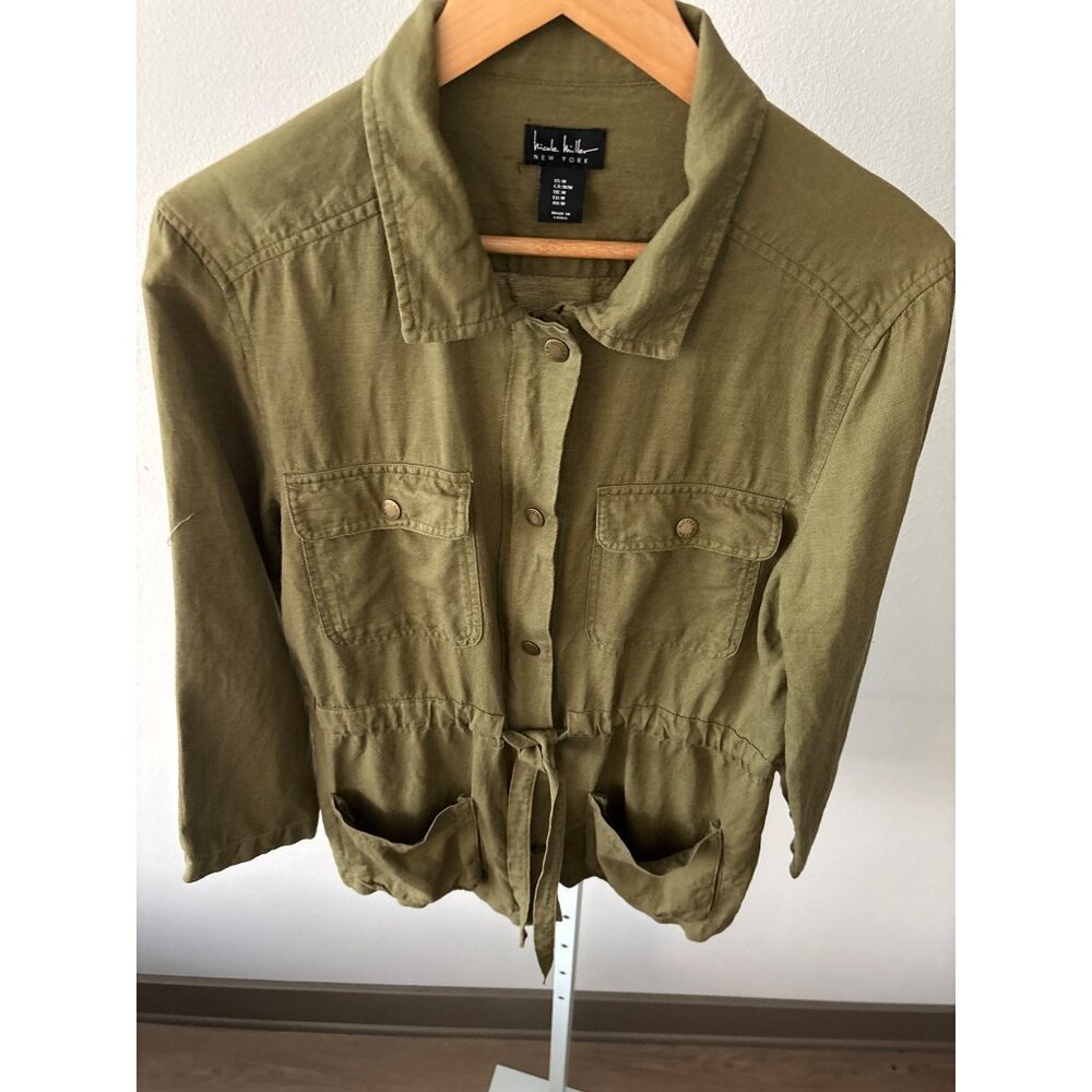Nicole Miller Jacket M Linen Lyocell Utility Olive Green Cinched Waist Military - Picture 8 of 10